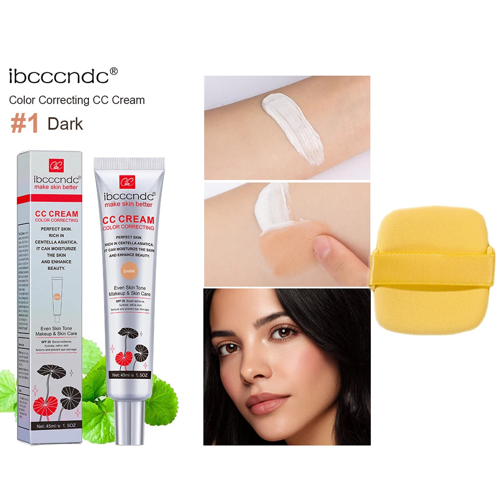 45ml Color Correcting CC Cream & Free Puff Centella Asiatica Repair BB Cream Concealer Whitening Liquid Foundation Cosmetics Peaceful Pleasures Health and Wellness dark1pc Free Puff