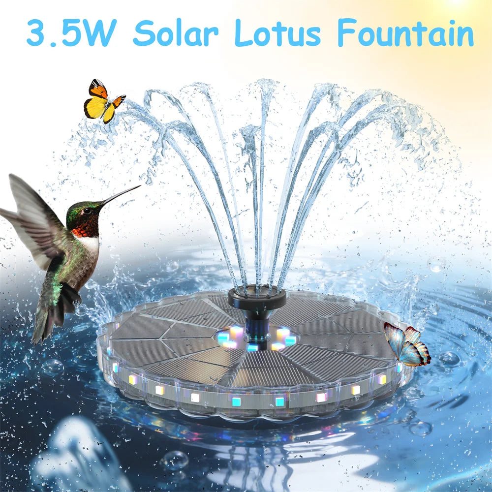 3.5W Solar Fountain Pump – LED Lights, 8 Nozzles, 1800mAh