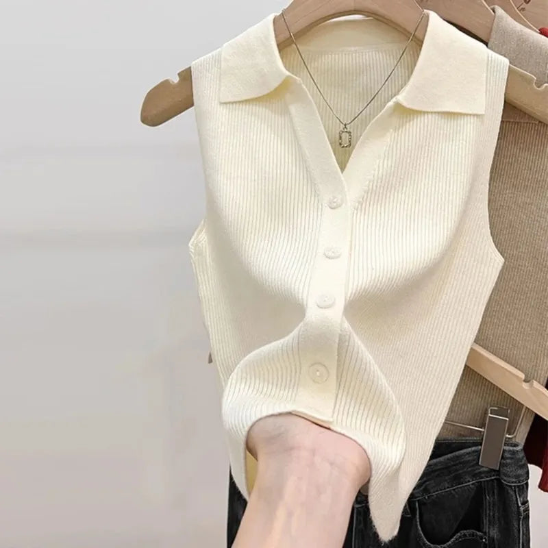 Women's Polo Collar Knit Vest – Slim Fit Sleeveless Camisole
