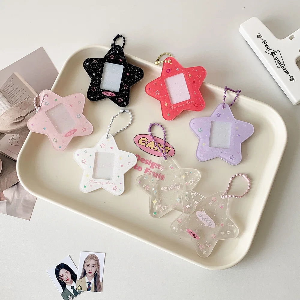 Glitter Five-pointed Star Hard Card Holder One-inch Student ID Photo Decorative Pendant New Acrylic Keychain Pendant Card Holder Peaceful Pleasures Health and Wellness