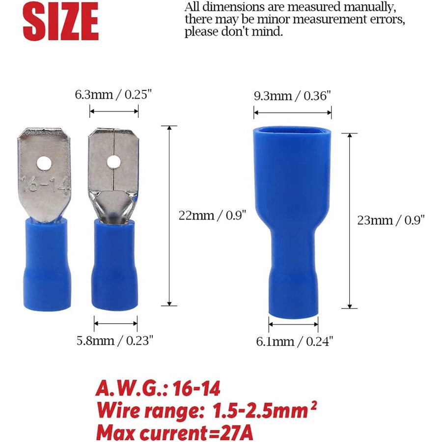 100pcs 50pairs 6.3mm 16 14AWG Female Male Electrical Wiring Connector Insulated Crimp Terminal Spade Blue Peaceful Pleasures Health and Wellness