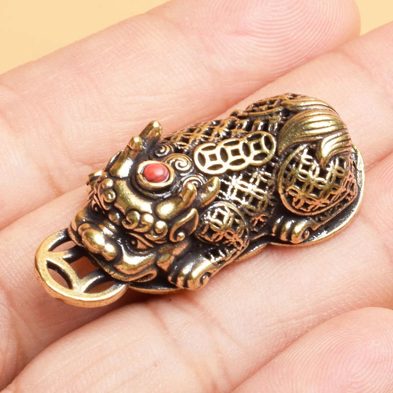 Mini Brass Pixiu Statue Coin Charm | Chinese Lucky Figurine
