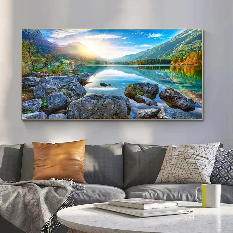 Nature Landscape Canvas Wall Art – Sunshine Forest Lake Print Landscape Canvas Print Peaceful Pleasures Health and Wellness ZLH2587 100x200cm No Frame