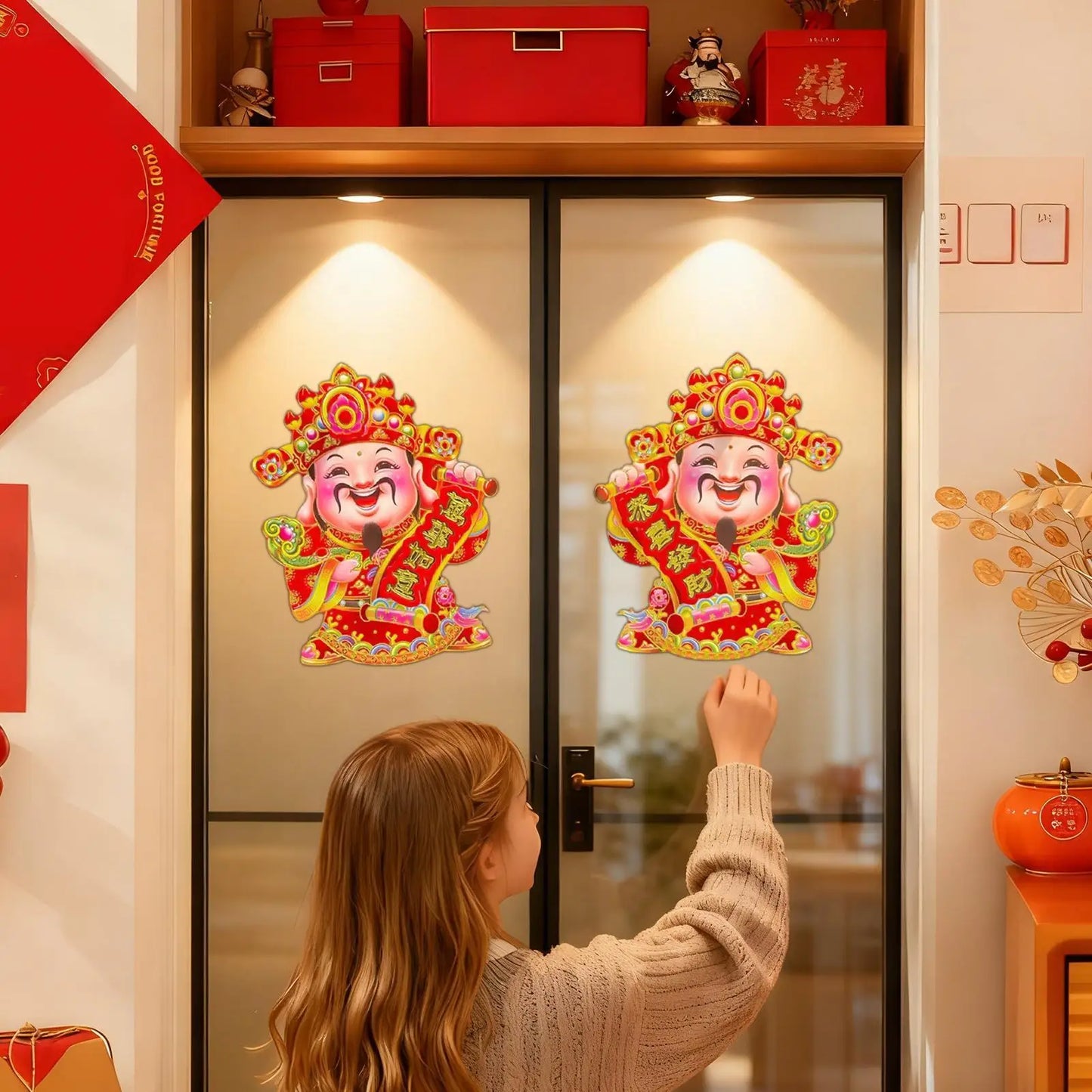 New Years Stickers Celebratory Wealth God Design Decals Chinese Stickers For Family Home Spring Festival Lunar New Year Window Peaceful Pleasures Health and Wellness