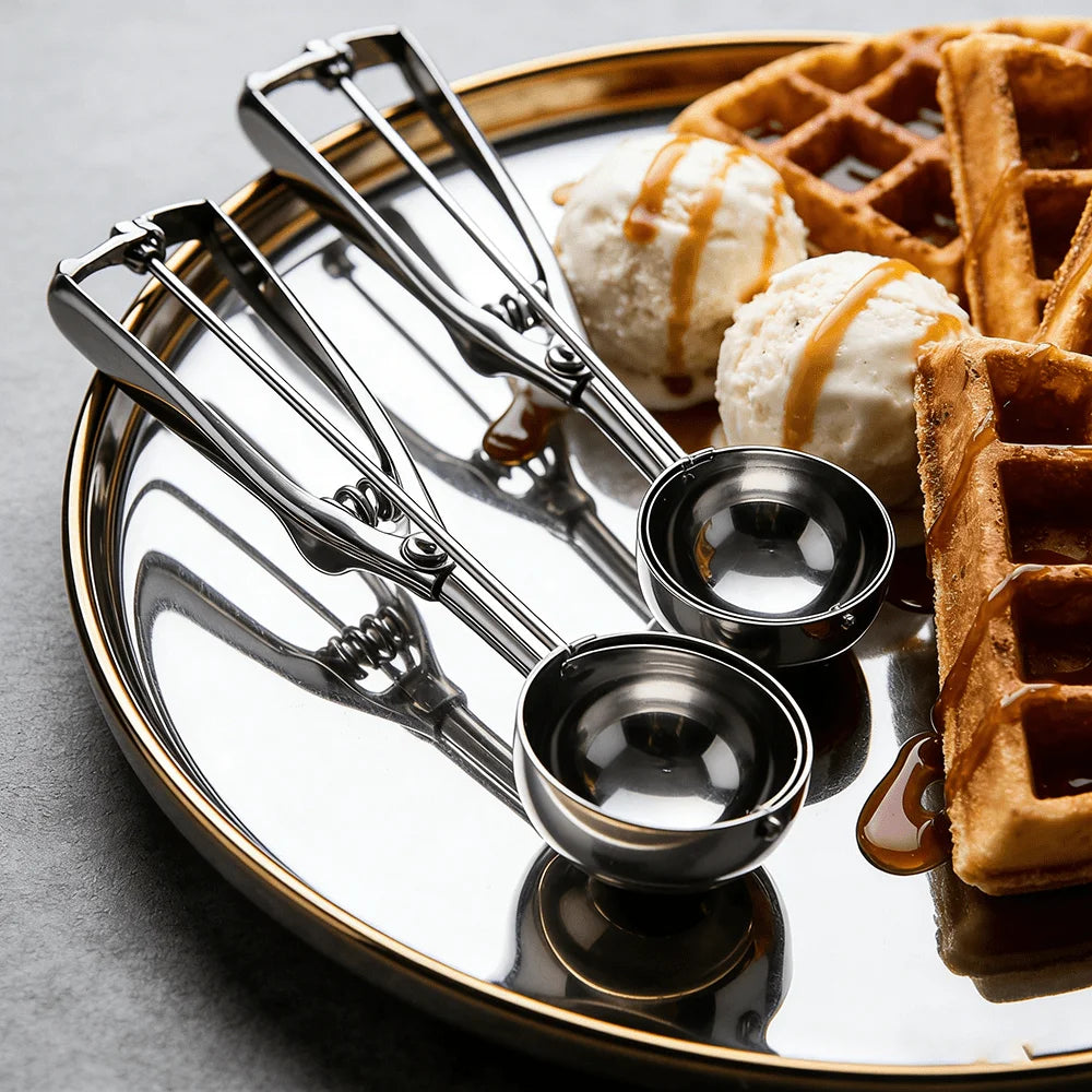 Stainless Steel Ice Cream Scoop with Trigger Release Food-Grade Rust-Proof Dishwasher Safe Multi Cookie Scoop for Kitchen Family Peaceful Pleasures Health and Wellness