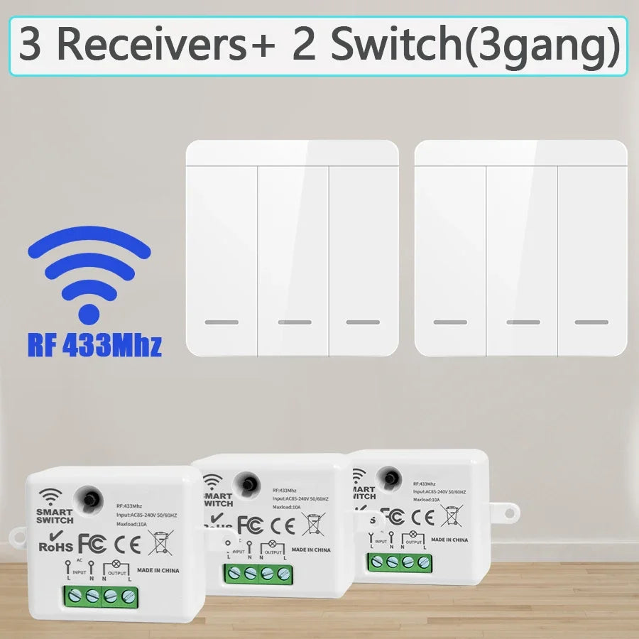Wireless RF 433Mhz Light Switch 1/2/3Gang Wall Panel Switch Remote Control Interruptor for Home LED Lighting AC 100-240V 10A Peaceful Pleasures Health and Wellness 3 Receiver 2 Switch