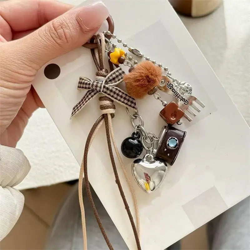 Braided Rope Bow Bead Fluffy Ball Keychain Charm | Girls Gift