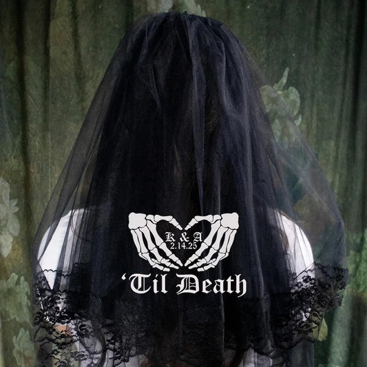 Personalized Gothic 'Til Death Skeleton Hand Black Veil | Wedding Gothic Party Accessory Peaceful Pleasures Health and Wellness