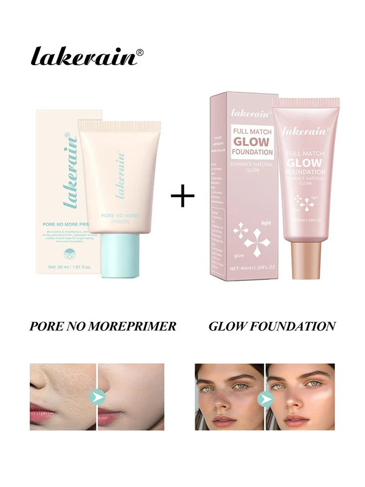 Pore No More Primer & Glow Foundation Set Moisturize Brighten Skin Long Lasting Oil Control Waterproof Sweatproof Primer Kit Peaceful Pleasures Health and Wellness SET