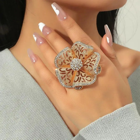 Luxury Flower Crystal Ring Women Gold Adjustable Statement Elegant Peaceful Pleasures Health and Wellness