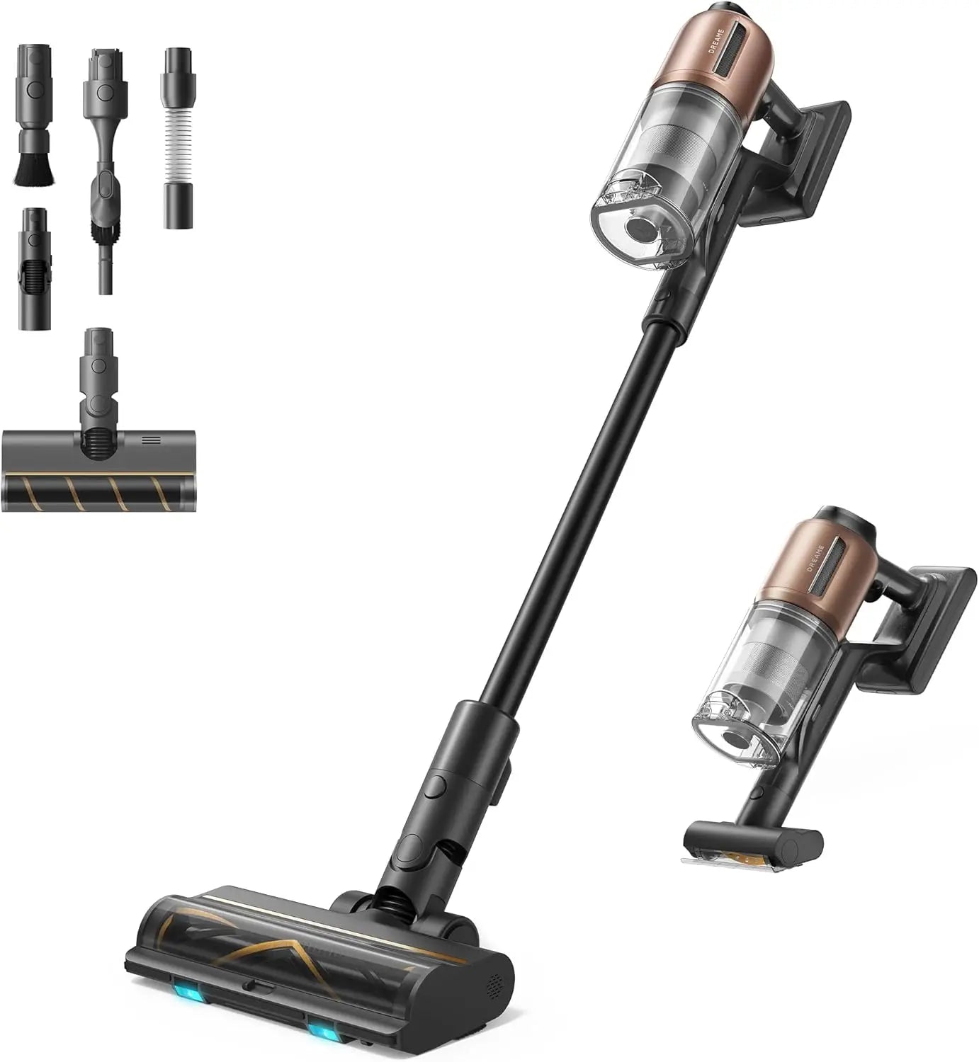 Cordless vacuum cleaner with attachments on a white background