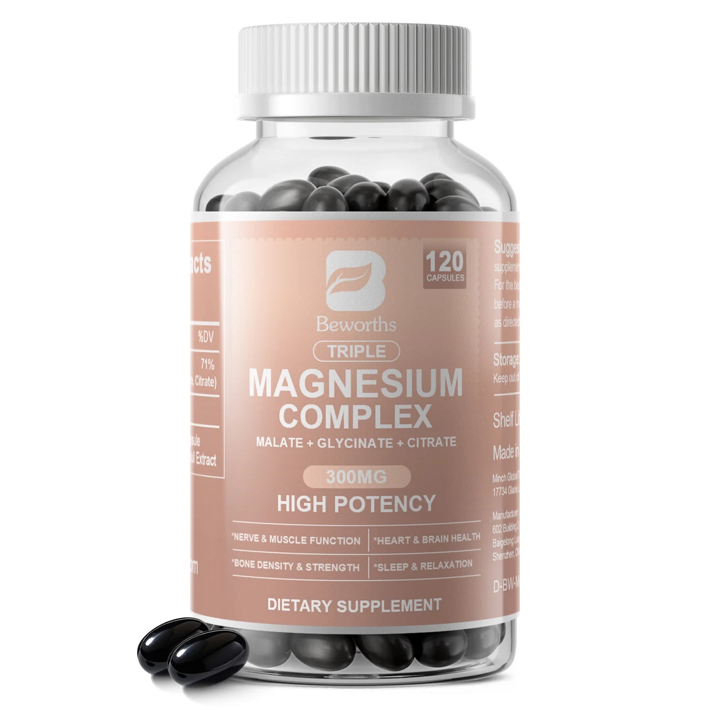 Magnesium Complex Capsules 300mg – Triple Blend (Glycinate, Malate, Citrate) Dietary Supplement Peaceful Pleasures Health and Wellness 120pcs 3bottles United States