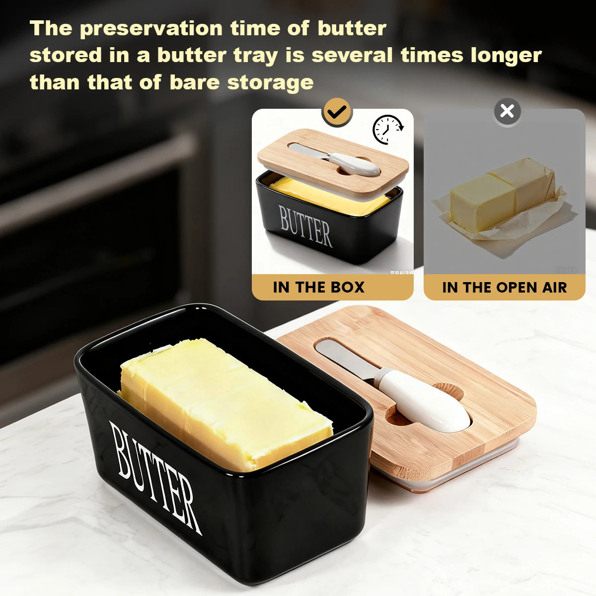 1 Set Of Ceramic Butter Dish With Bamboo Lid And Built-In Knife Butter Keeper With Double Silicone Sealing Ring Kitchen Peaceful Pleasures Health and Wellness