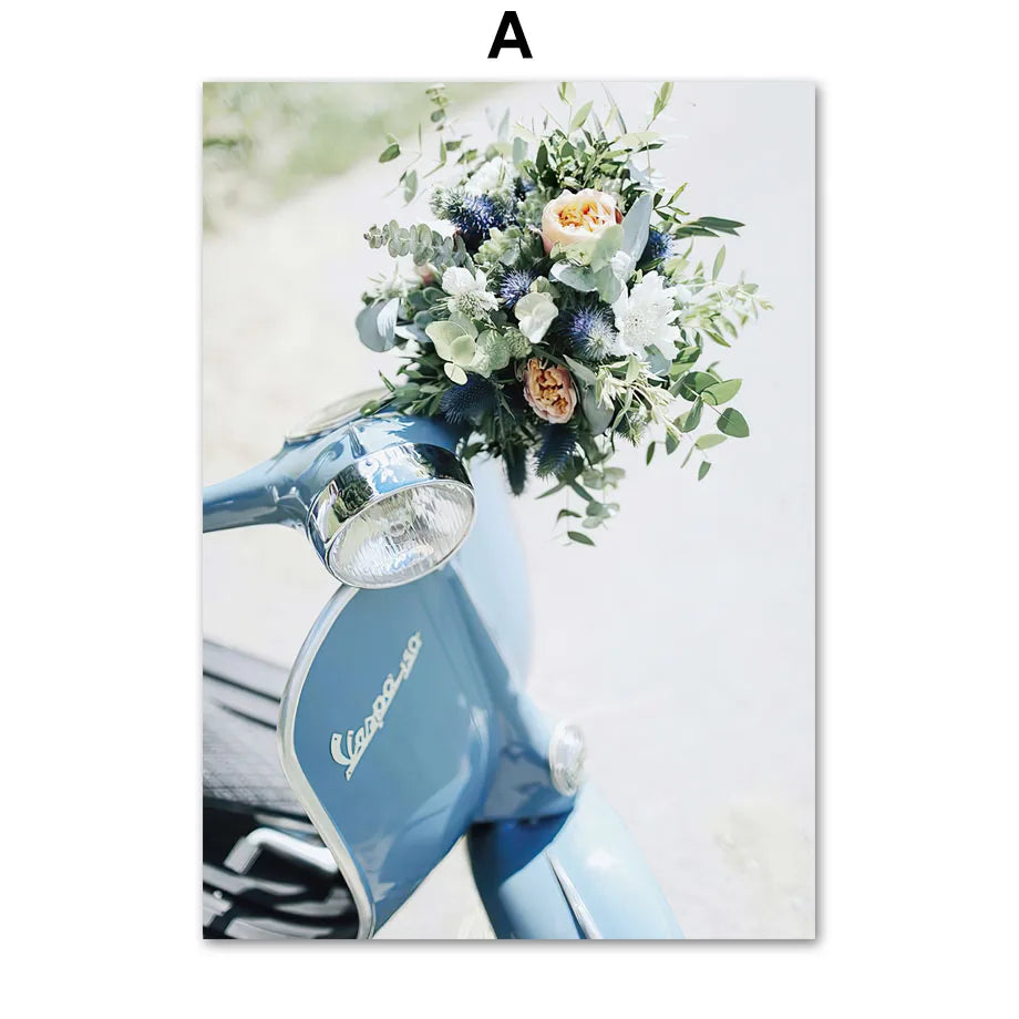 Nordic Retro Canvas Wall Art | Cars, Bikes & Flowers Poster