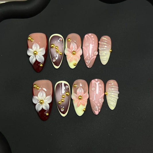 Handmade Press on Nails 3D Hand-carved Petals Decor False Nail Tips Reusable Wearable Retro European French Almond Fake Nails Peaceful Pleasures Health and Wellness