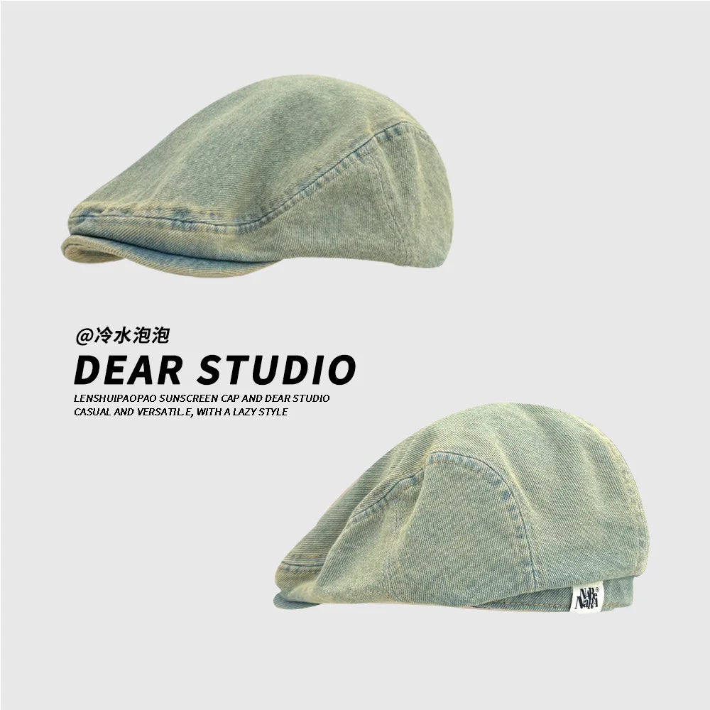 Women's Retro Washed Denim Beret | Cotton Forward Hat