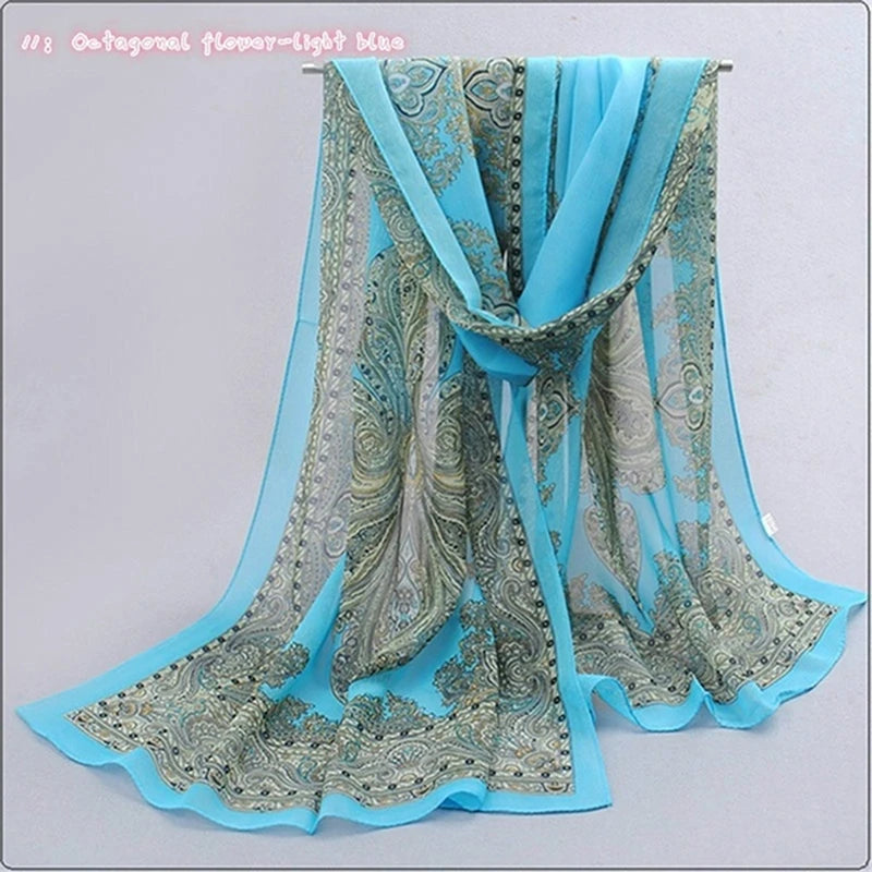 Women Chiffon Scarf Fashion Leisure Butterflies Branch Pattern Long Shawl Versatile Elegant Minimalist Retro Female Scarves Peaceful Pleasures Health and Wellness Octagonal Blue 2 One Size