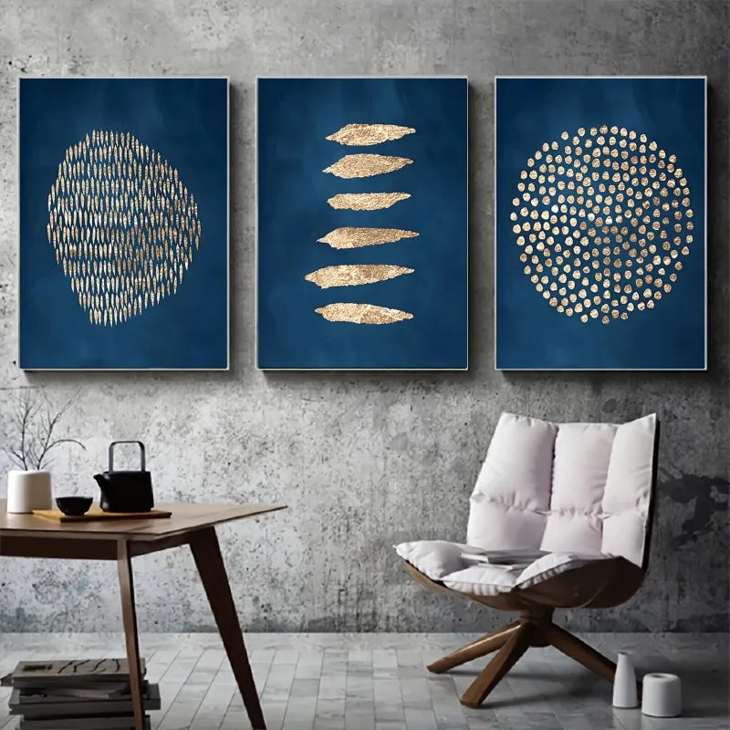 3pcs Navy Blue and Golden Wall Art Paintings, Frameless Canvas Poster, Modern Abstract Wall Art Poster, for Home Decor Peaceful Pleasures Health and Wellness