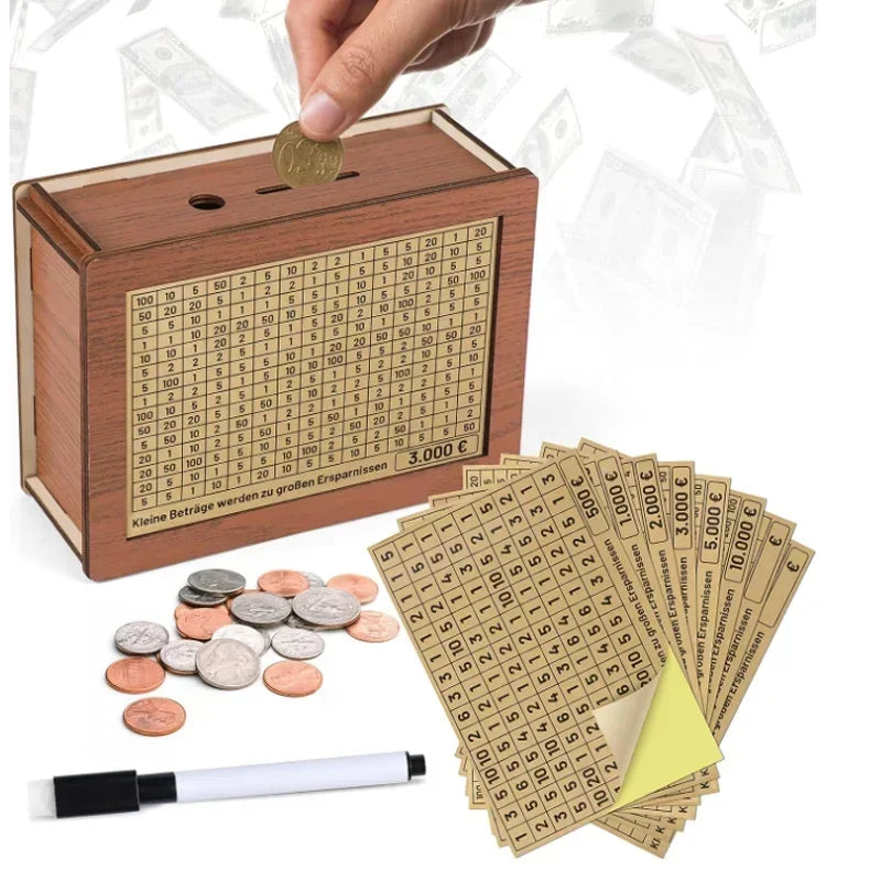 1000/2000/3000/5000/10000 Euro Money Box Piggy Bank Wood Money Bank Reusable Money Box with Saving Goal and Numbers Boxes Peaceful Pleasures Health and Wellness