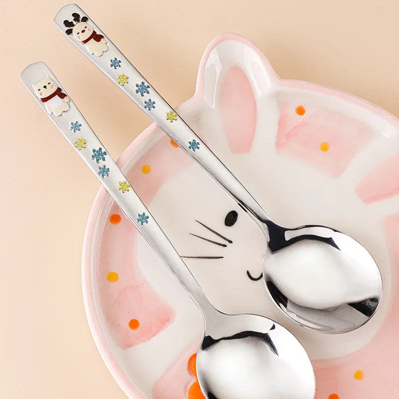 Hot 304 Stainless Steel Round Spoon Cartoon Embossed Deer Spoon Korean Style Household Long Handle Drinking Spoon Peaceful Pleasures Health and Wellness