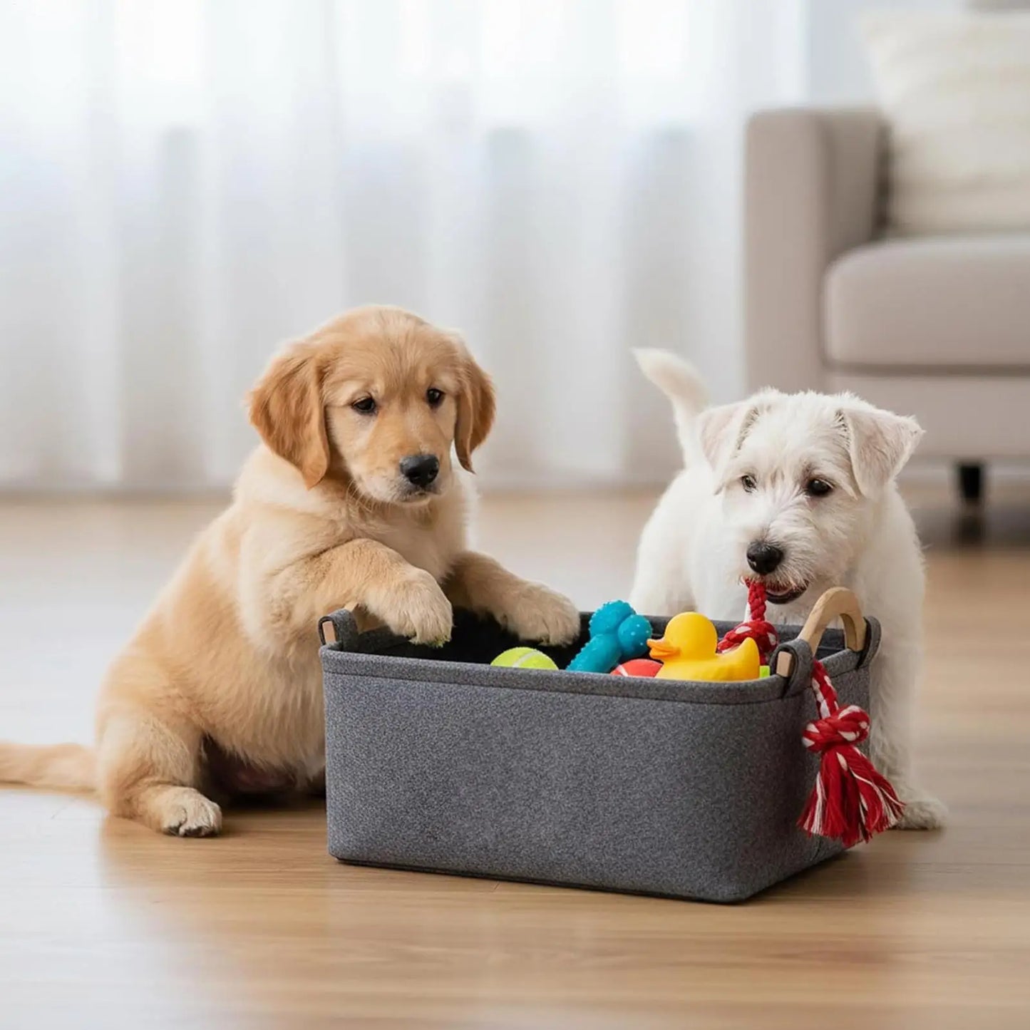 Felt Foldable Dog Toy Basket with Wooden Handle | Pet Storage