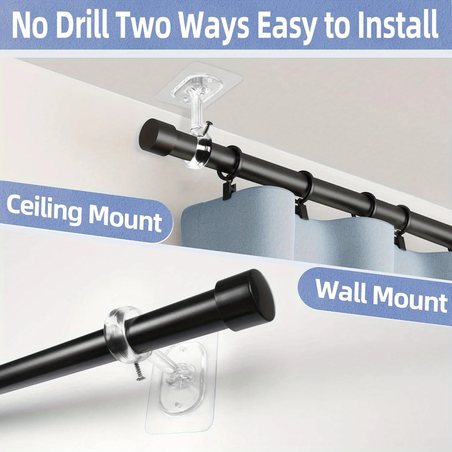 Non Perforated Ceiling Curtain Rod Bracket Self-adhesive Adjustable