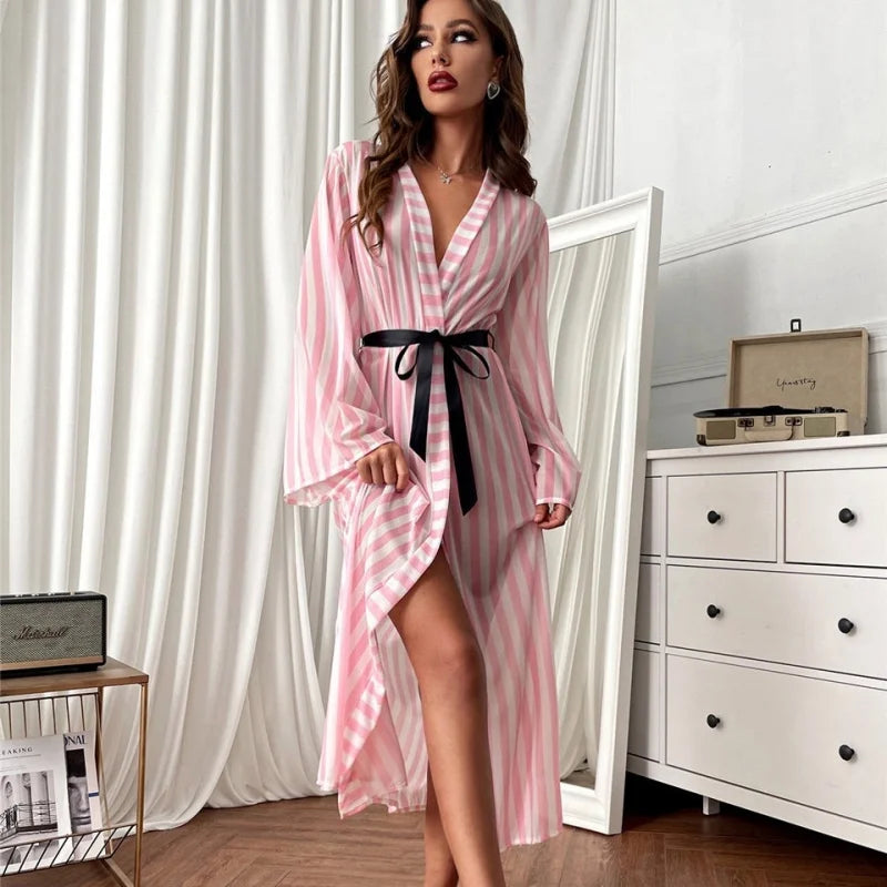 Women's Long Pink Striped Pajama Robe | Lightweight Sleepwear