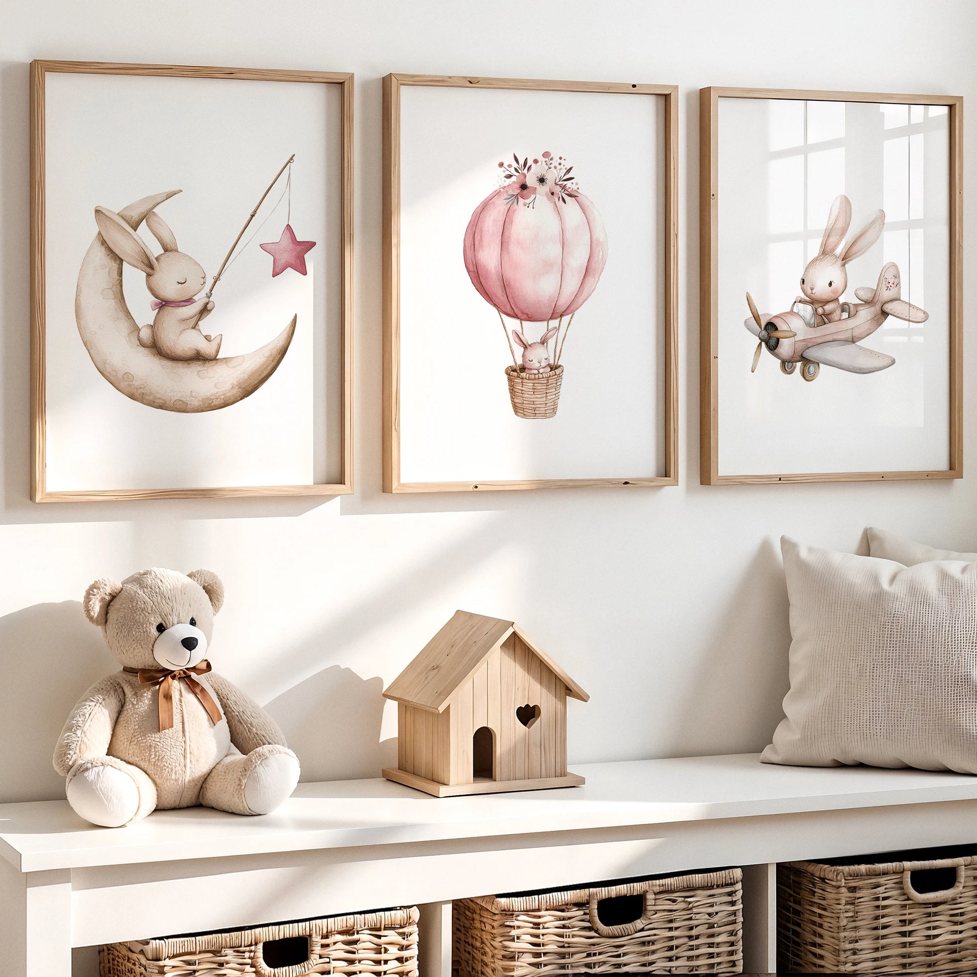 3-Piece Rabbit Hot Air Balloon Canvas Wall Art Print Set Canvas Wall Art Set Peaceful Pleasures Health and Wellness