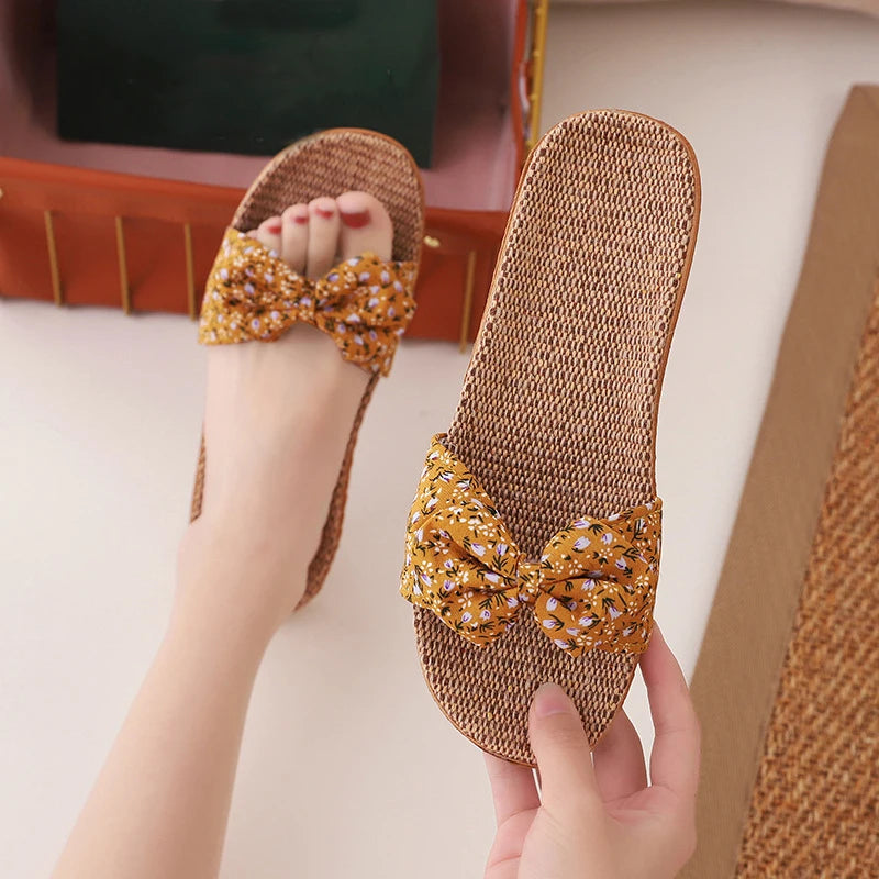 Women's Linen Bow Slippers – Anti-Slip Lightweight Indoor Flats