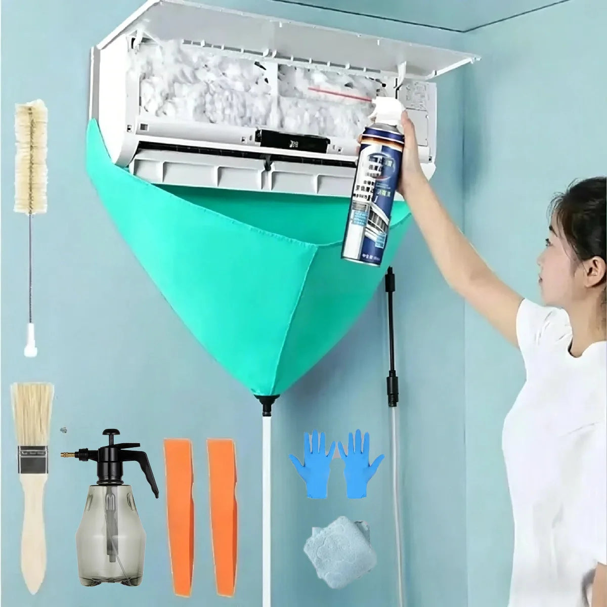 AC Cleaning Kit – Leak-Proof Cover, Brushes & Water Pipe