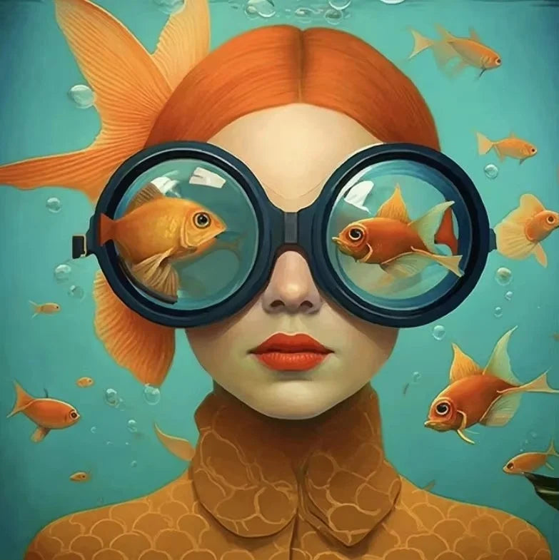 Surrealism Woman Portrait Canvas Painting Wall Art Wonderful Fantasy Fish and Girl Poster Prints for Living Room Home Decor Peaceful Pleasures Health and Wellness ZLH3564 20x20cm Unframed