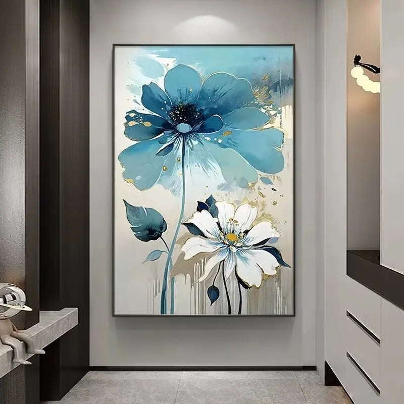 Ink Dyed Artistic Conception Blue Flowers Decoration Painting，Abstract Wall Oil Painting,100% Handmade,Images of Home Decoration Peaceful Pleasures Health and Wellness