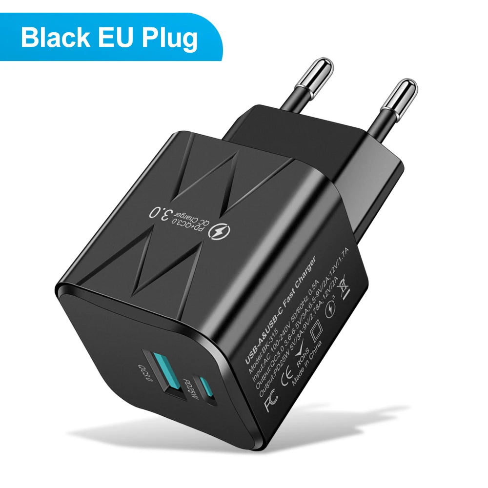 25W PD QC3.0 Dual Port Fast Charger USB-C Travel Adapter