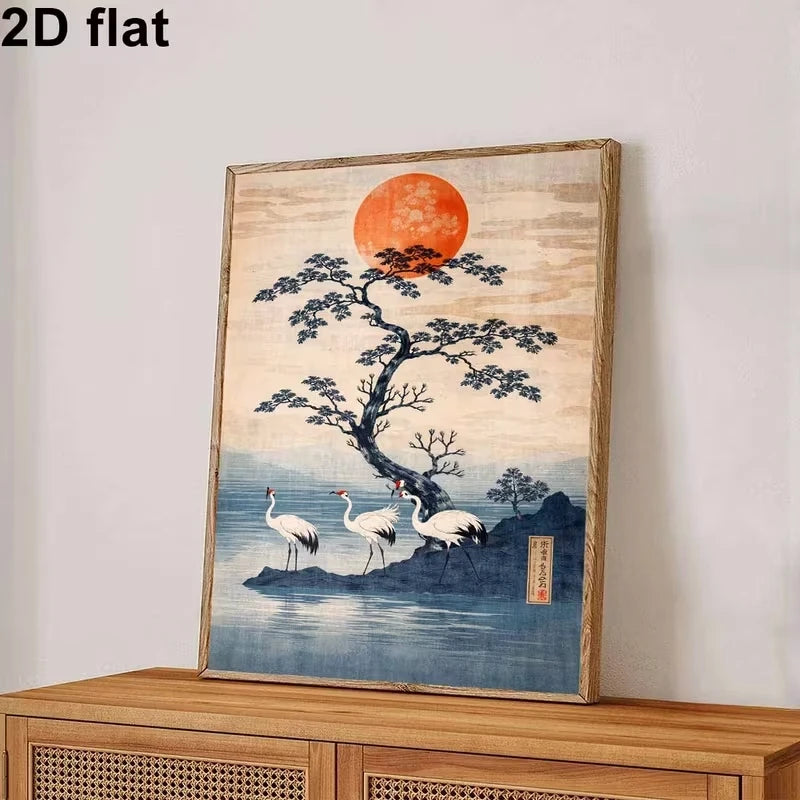 Japanese Crane & Sun Canvas Wall Art Print | Home Decor