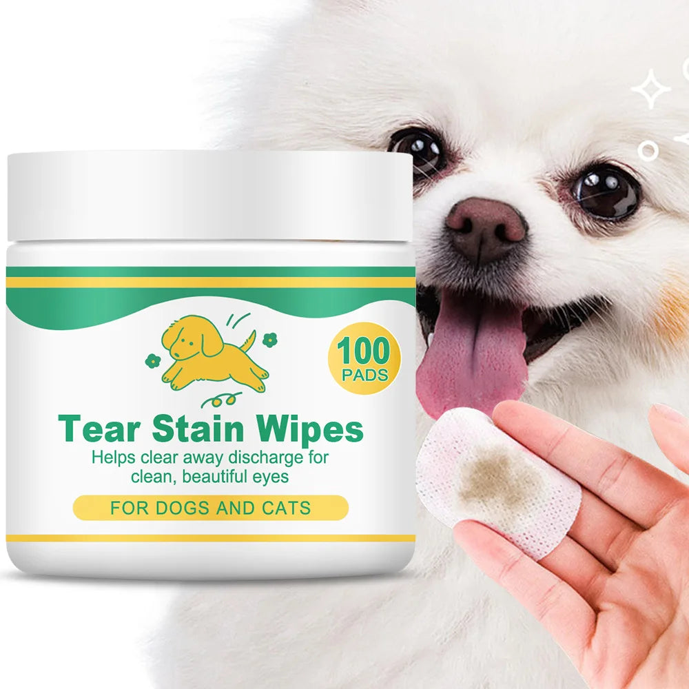 Pet Tear Stain Wipes 100 Pads – Vitamin B5 & C for Dogs & Cats
