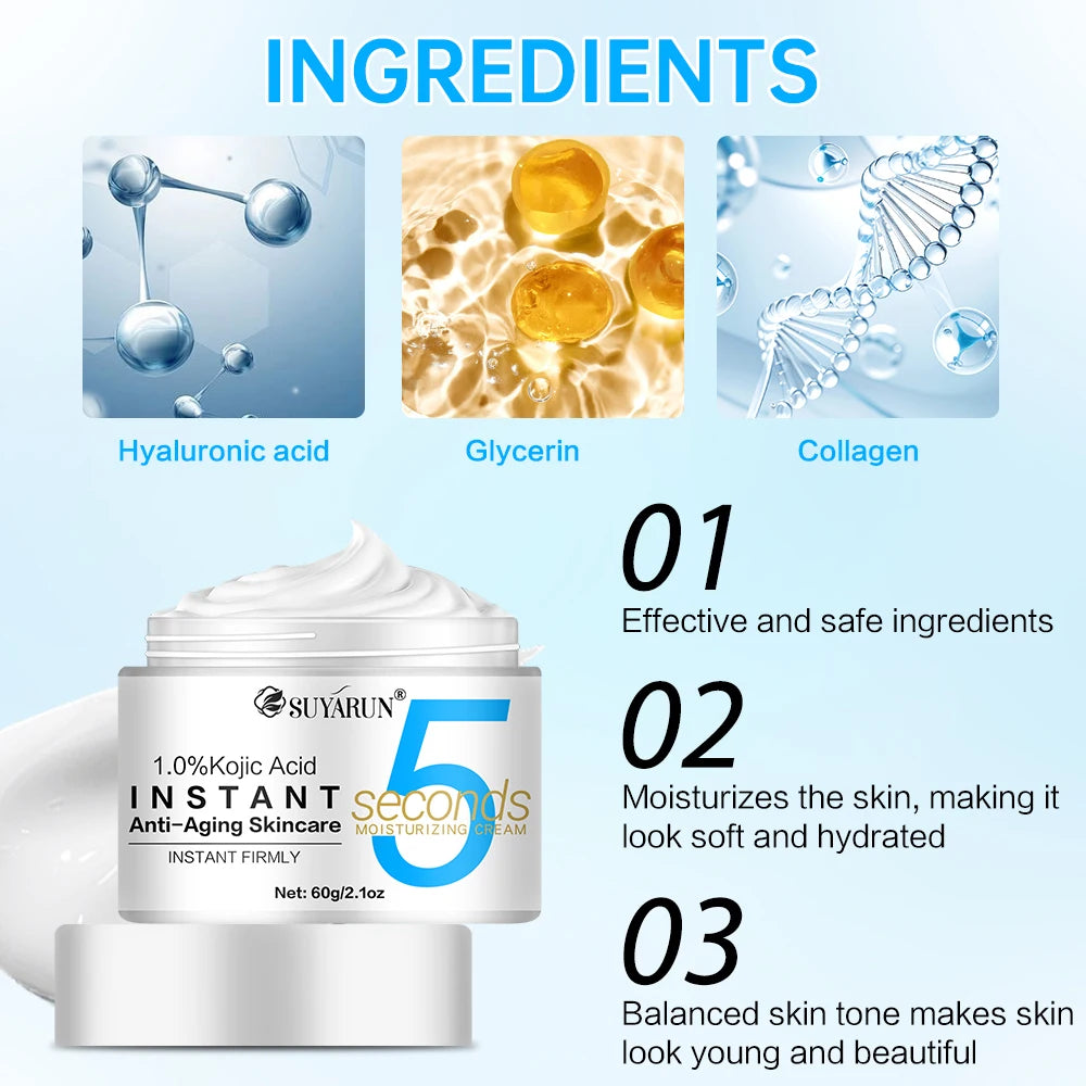 SUYARUN 5 Seconds Moisturizing Firming Cream - Jojoba Oil and Green Tea, quick absorption anti-aging moisturizer. Peaceful Pleasures Health and Wellness