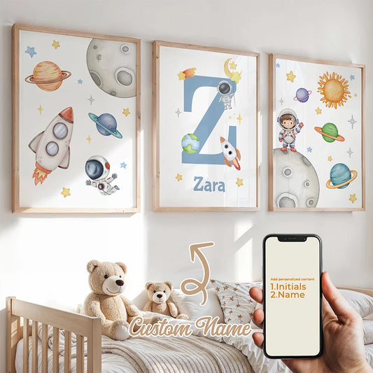 3-Piece Personalized Blue Planet Canvas Wall Art | Kids Decor Canvas Wall Art Set Peaceful Pleasures Health and Wellness GA-N101-3pcs 60x80cm Unframed