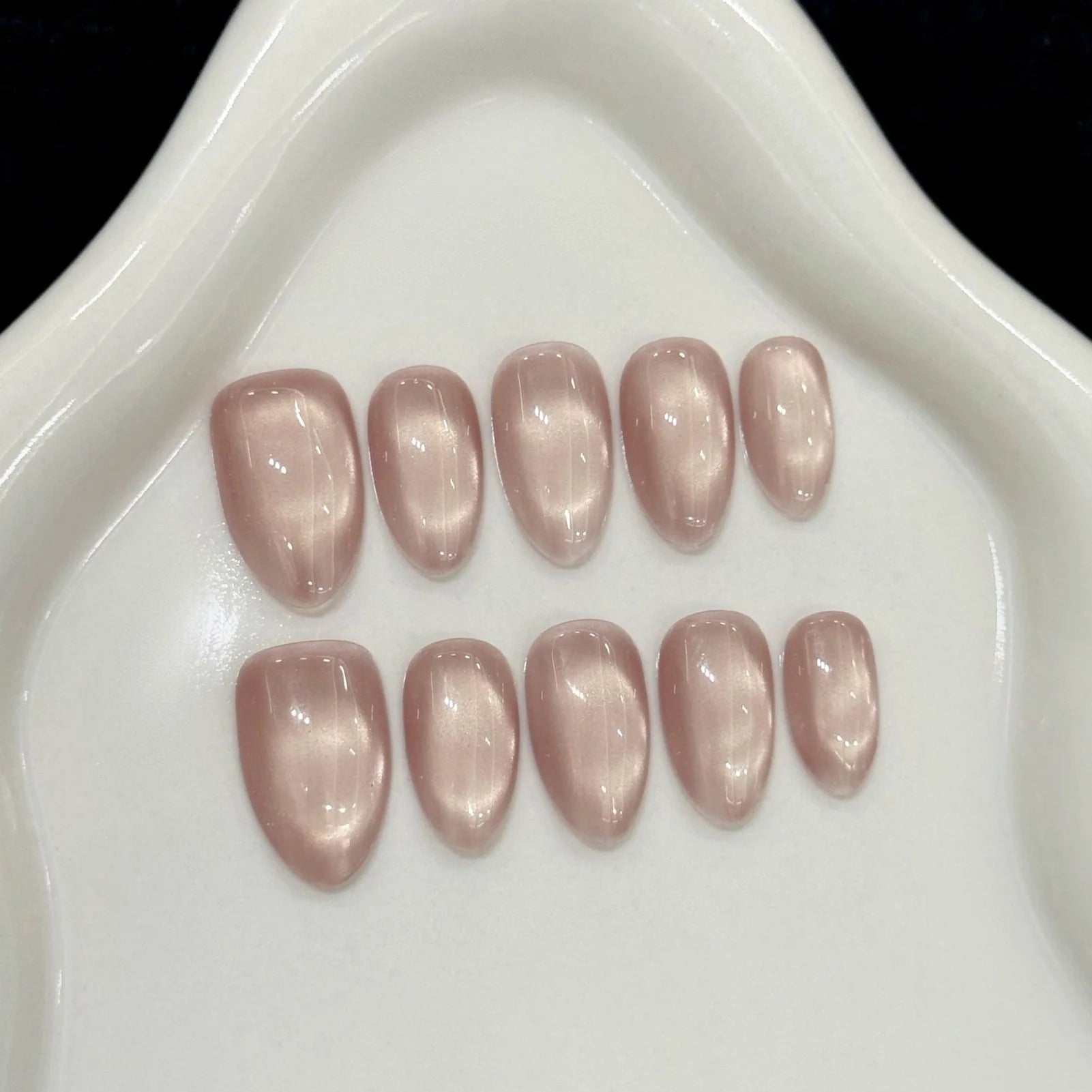 10pcs Handmade Glass Bead Cat Eyes Press on Nails Solid Color Fake Nails Wearable Reusable Ins Simple Long Almond False Nail Tip Peaceful Pleasures Health and Wellness XS