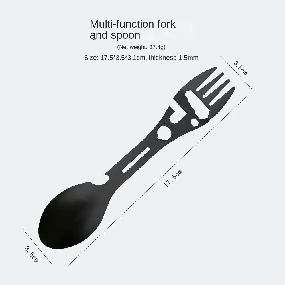 Multi-Function Fork Spoon,5-in-1 Multifunctional Spork Combo, Fork, Knife Bottle Opener, Multi Flatware for Camping, Hiking Peaceful Pleasures Health and Wellness black