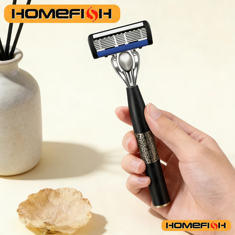 6-Layer Stainless Steel Manual Beard Razor with Guard & Holder