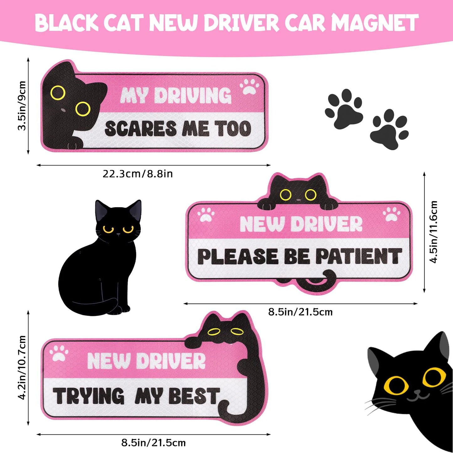 3-Pack Funny Cat New Driver Reflective Magnetic Car Signs
