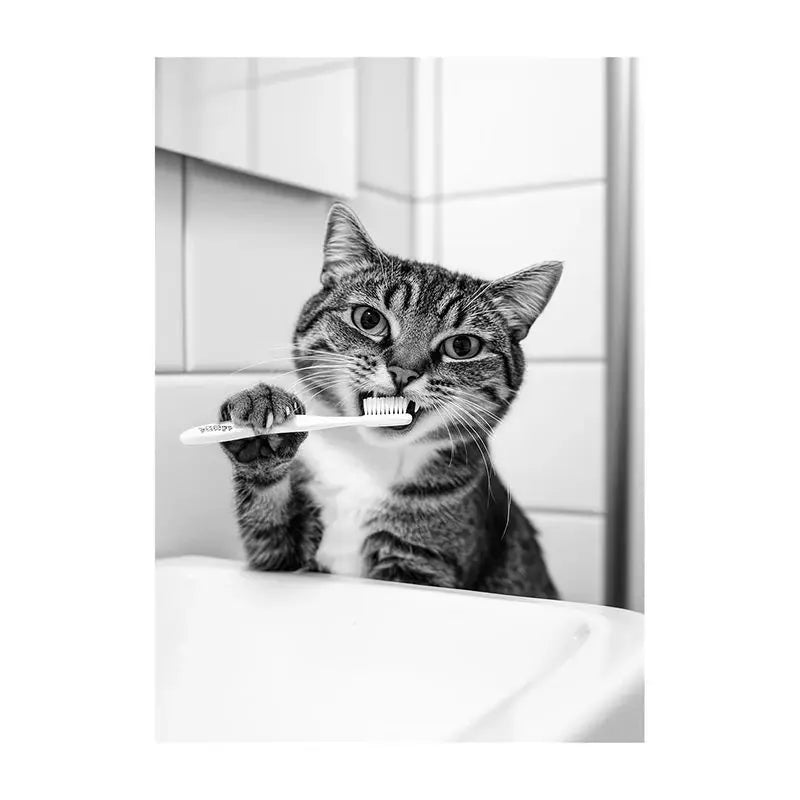Funny Bathroom Animal Canvas Wall Art | Vintage Brushing Teeth