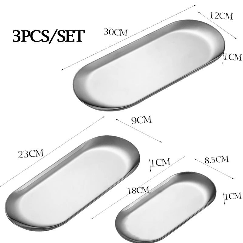 Nordic Stainless Steel Oval Serving Tray – Mirror Polished Dessert & Snack Plate, Gold or Silver, 3 Sizes