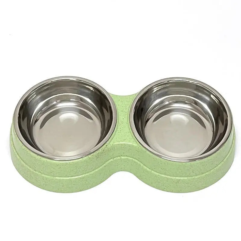 Colorful Wheat Straw Base Stainless Steel Pet Tableware Healthy Safe Double Bowl Feeding Set Liner Cat Dog Drinking Feeding Bowl Peaceful Pleasures Health and Wellness 1pcs Green