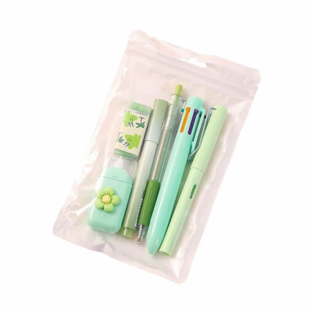 6Pcs/Set Cartoon School Stationery Set 6 Color Pens Large Capacity Student Tools Gift Kit Book Marker Pen Cartoon Stationery Set Peaceful Pleasures Health and Wellness Green