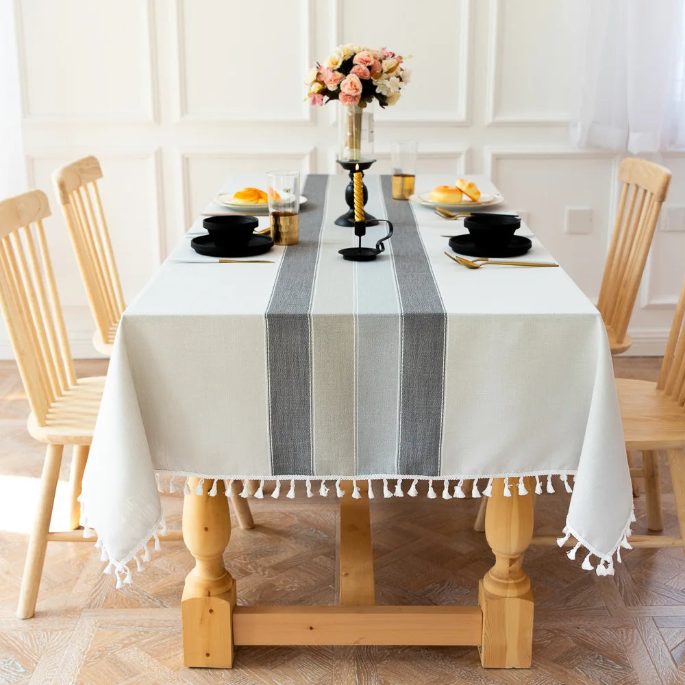 Battilo Linen Cotton Tablecloth | Striped Tassel Table Cover