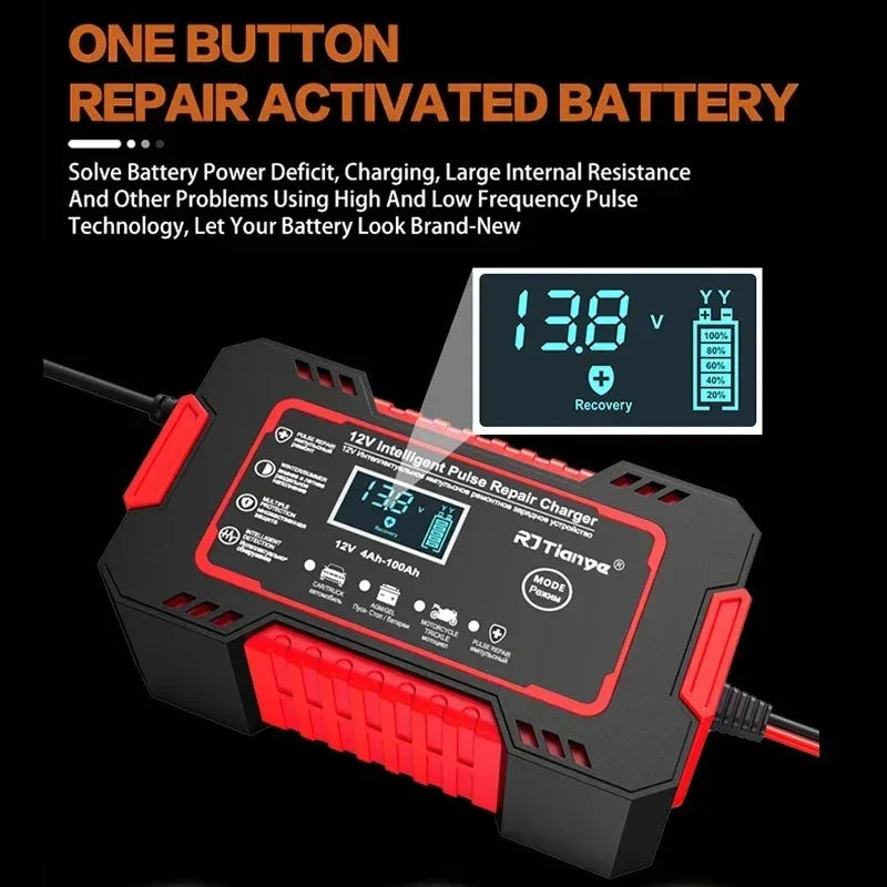 Hot Sell Car Battery Charger 12V 6A Touch Screen Pulse Repair LCD Fast Power Charging Wet Dry Lead Acid Digital LCD Display Peaceful Pleasures Health and Wellness