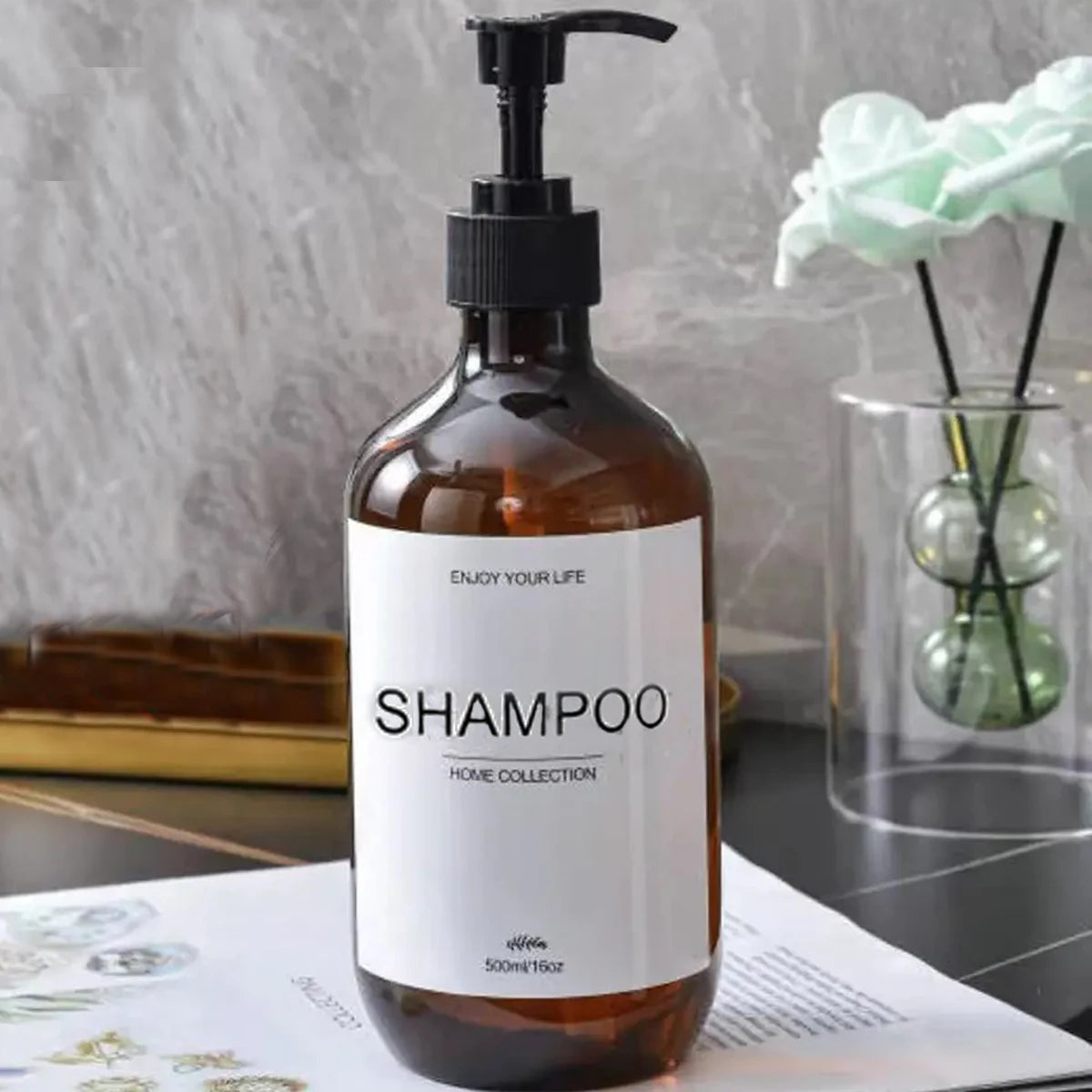 Bathroom Shampoo Dispenser Set 500ml Conditioner Body Wash Bottles Refillable Dispenser Farmhouse Decoration Storage Bottles Peaceful Pleasures Health and Wellness Brown-S