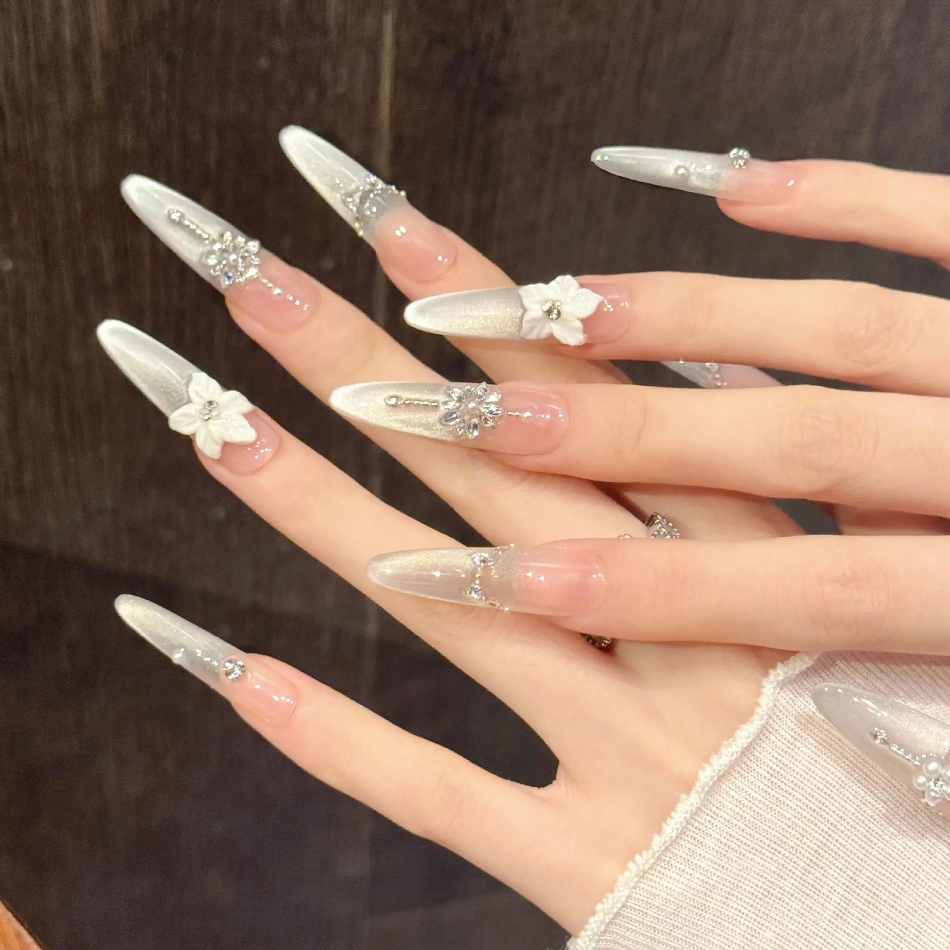 3D Cat's Eye Press-On Nails | Glitter French Tips 10pcs Press-On Nails Peaceful Pleasures Health and Wellness