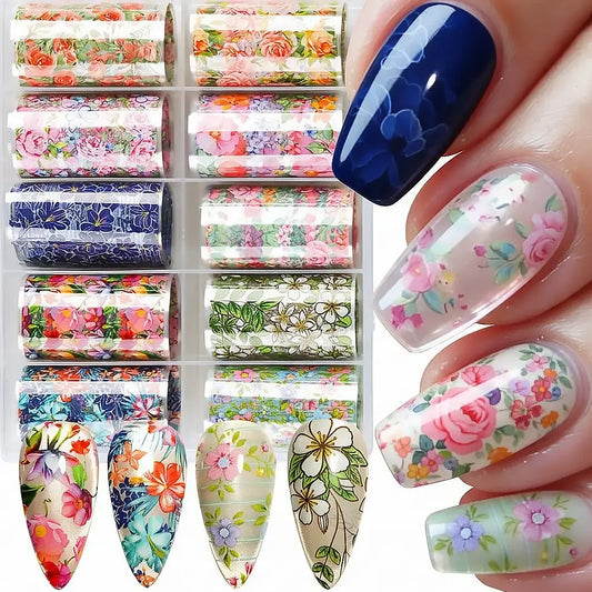10 Rolls Holographic Floral Nail Transfer Foils Set with Storage Case Peaceful Pleasures Health and Wellness
